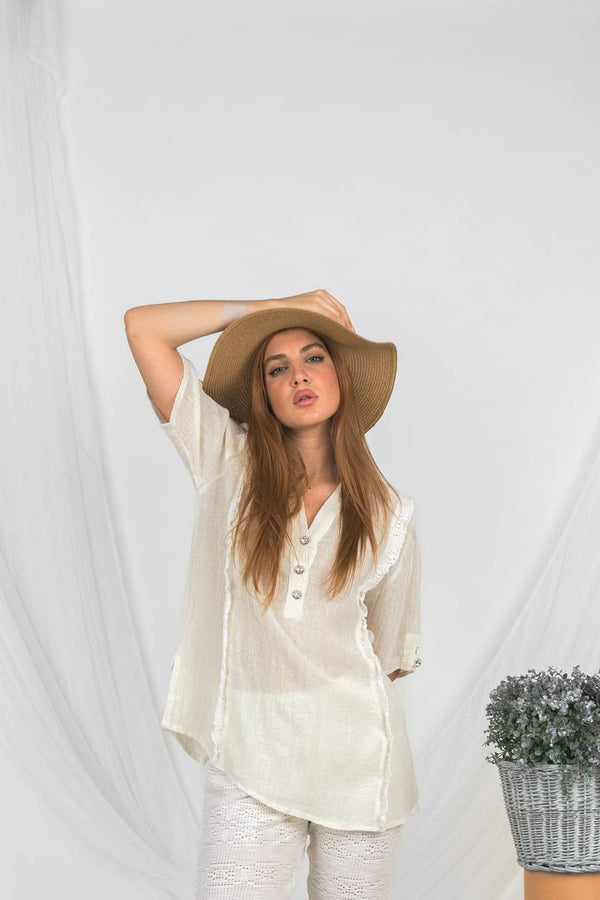 Handmade Linen Top Sastri White -Marilu