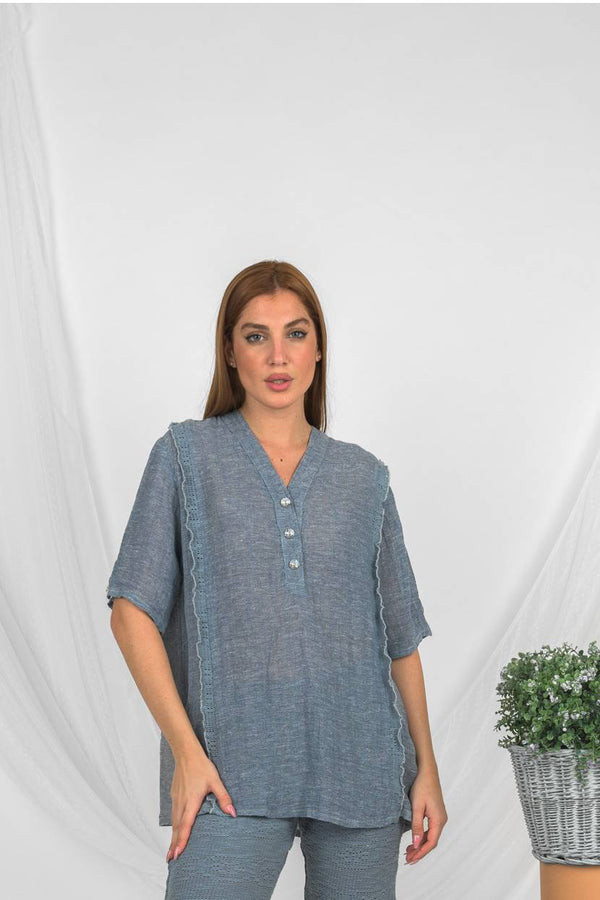 Handmade Linen Top Sastri Denim -Marilu