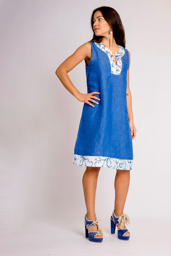 Pure Linen Dress Mikonos Royal Blu - PosiTiamo