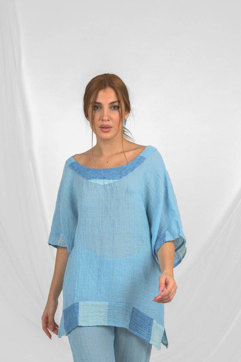 Handmade Linen Blouse Cicala Blue - Marilu