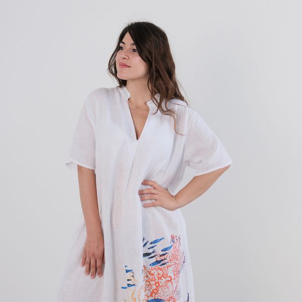 Handmade Printed Linen Caftan Posidonia - Made in Italy - Colori del Sole