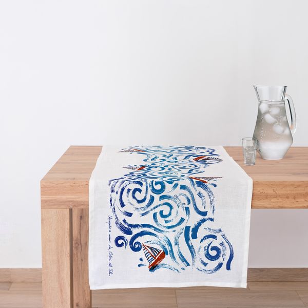 Handmade Printed Linen Runner Mare - Made in Italy - Colori del Sole